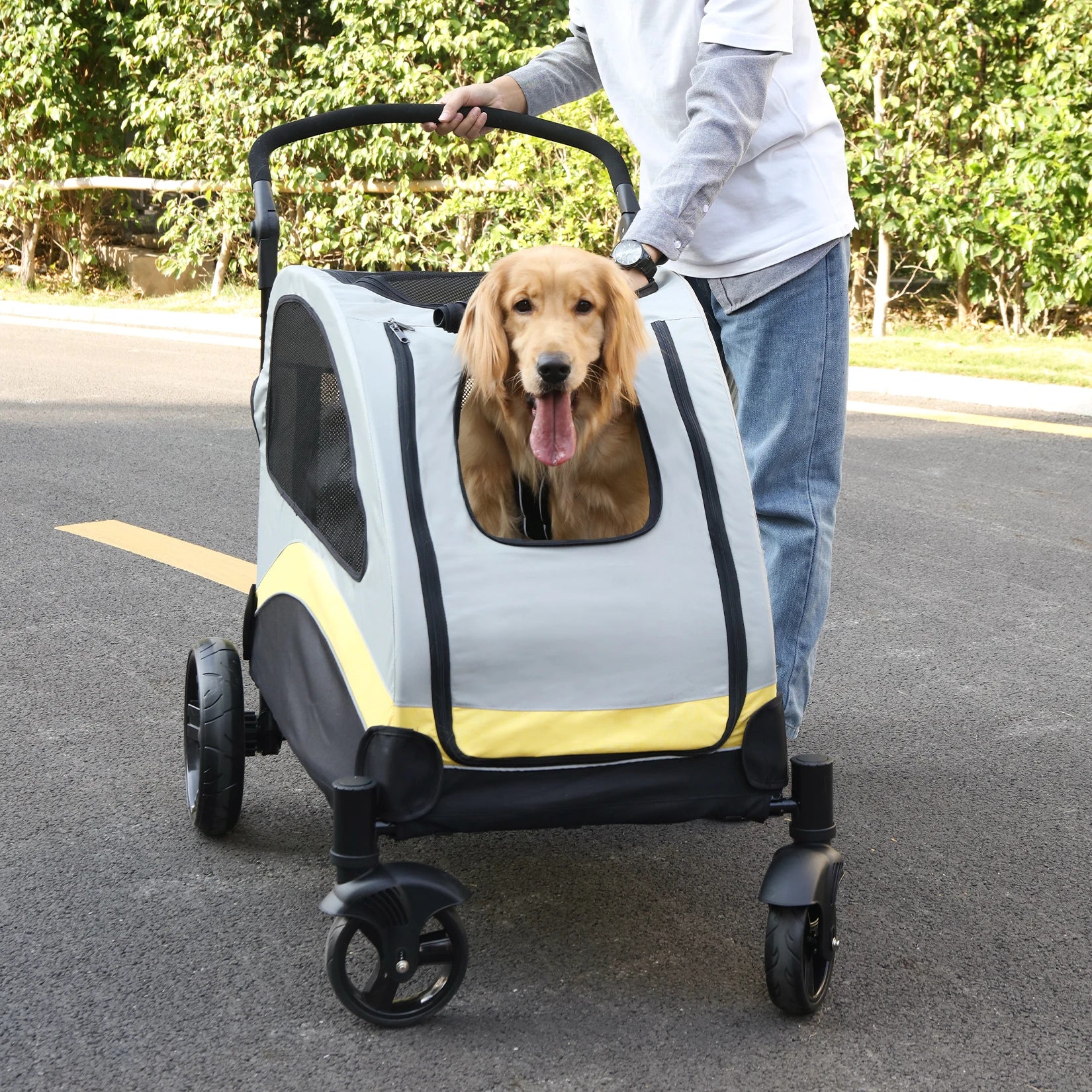 Portable 4-Wheel Dog Stroller for Large Dogs, Foldable Pet Travel Carrier for Cats & Outdoor Use