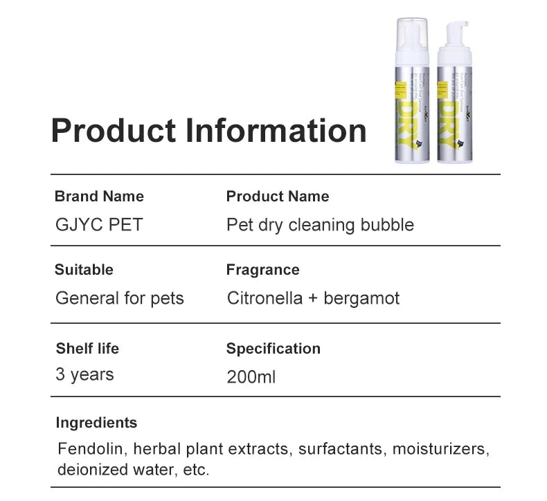 Pet Dry Cleaning Foam – No-Rinse Shampoo for Dogs, Cats, and Puppies