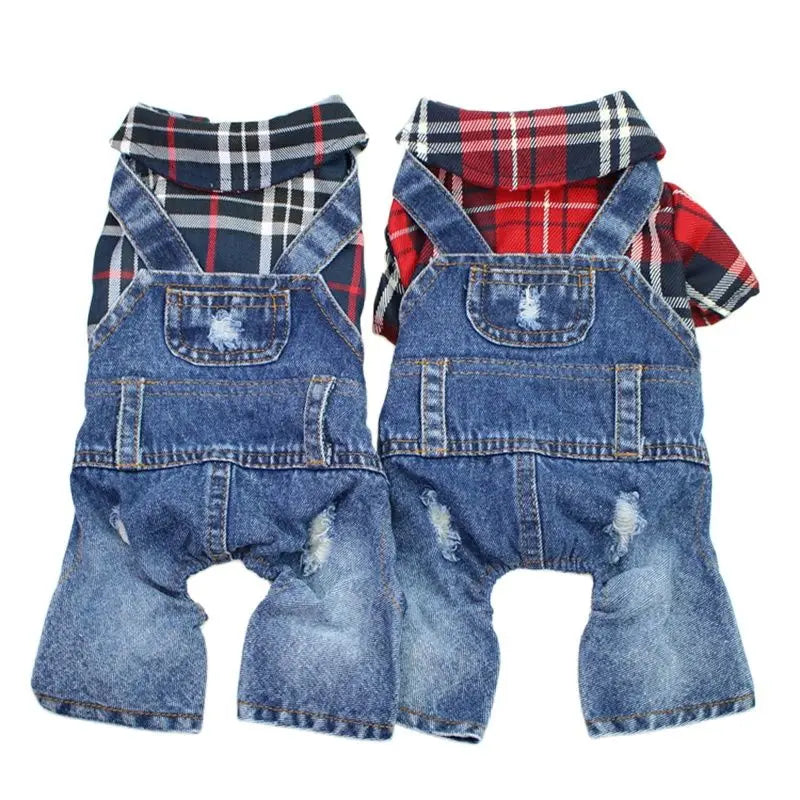 Dog & Cat Denim Plaid Jumpsuit Hoodie, Spring/Autumn Pet Outfit