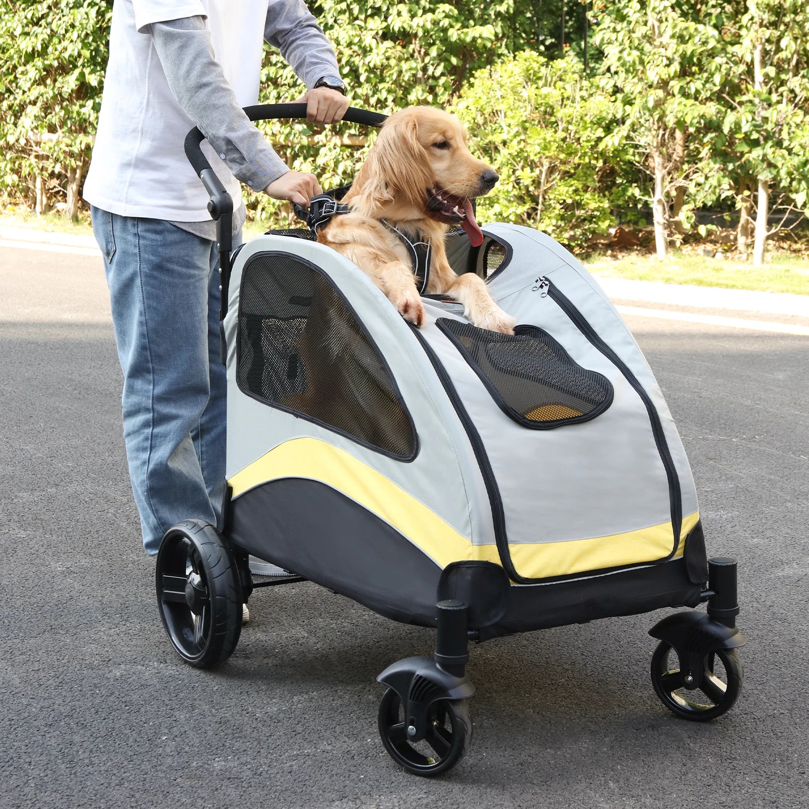 Portable 4-Wheel Dog Stroller for Large Dogs, Foldable Pet Travel Carrier for Cats & Outdoor Use