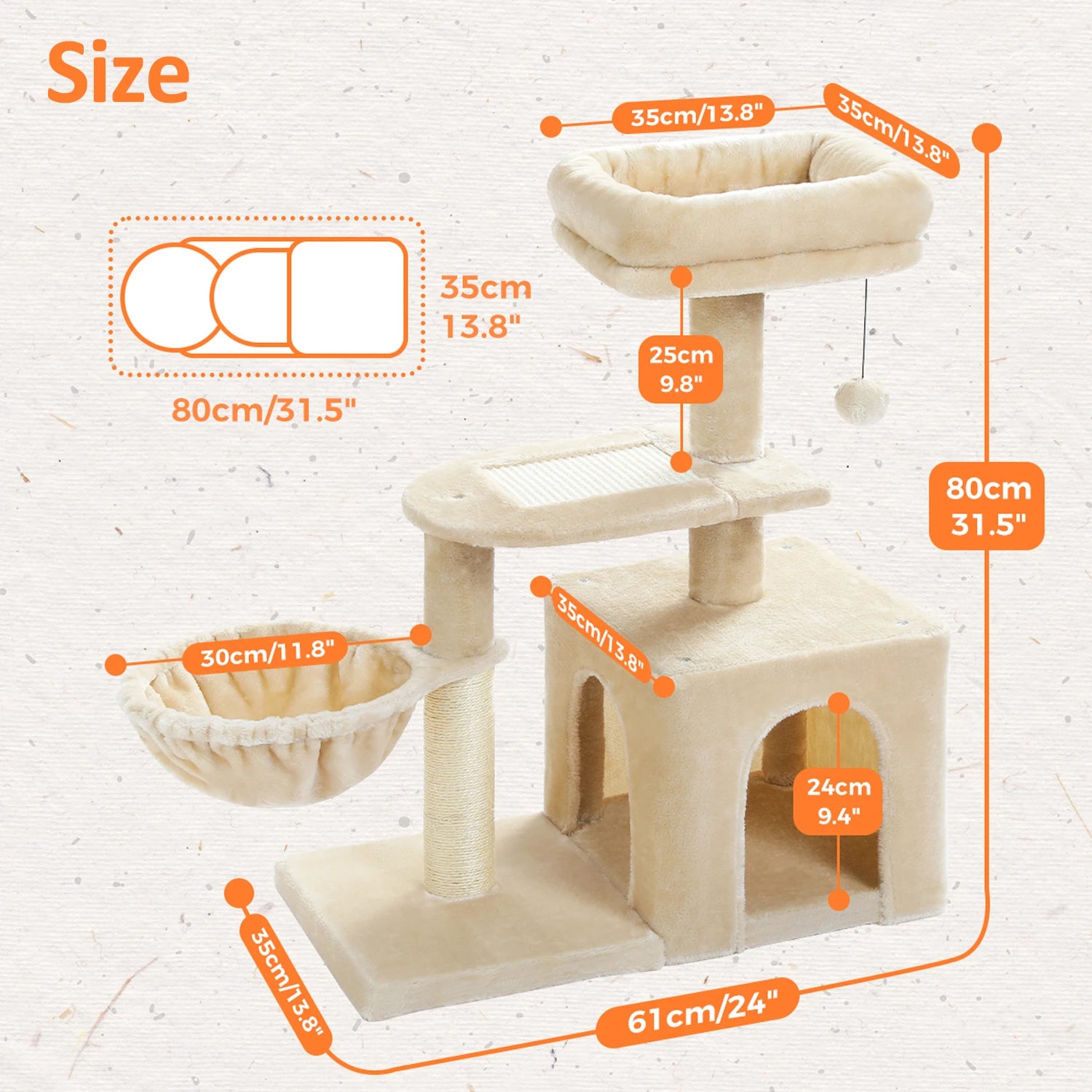 Cat Tree Tower with Scratching Posts, Hammock & Removable Top Perch