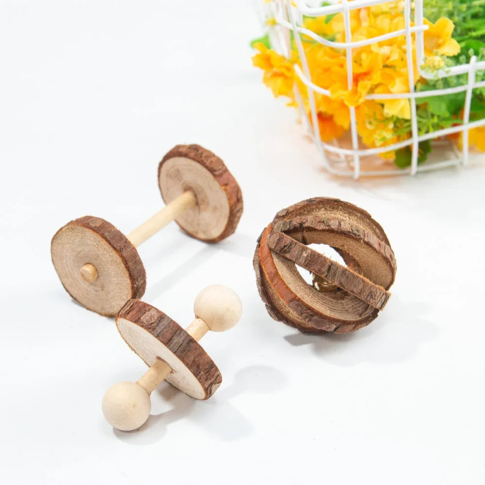 Natural Wooden Rabbit Roller & Chew Toys for Small Pets