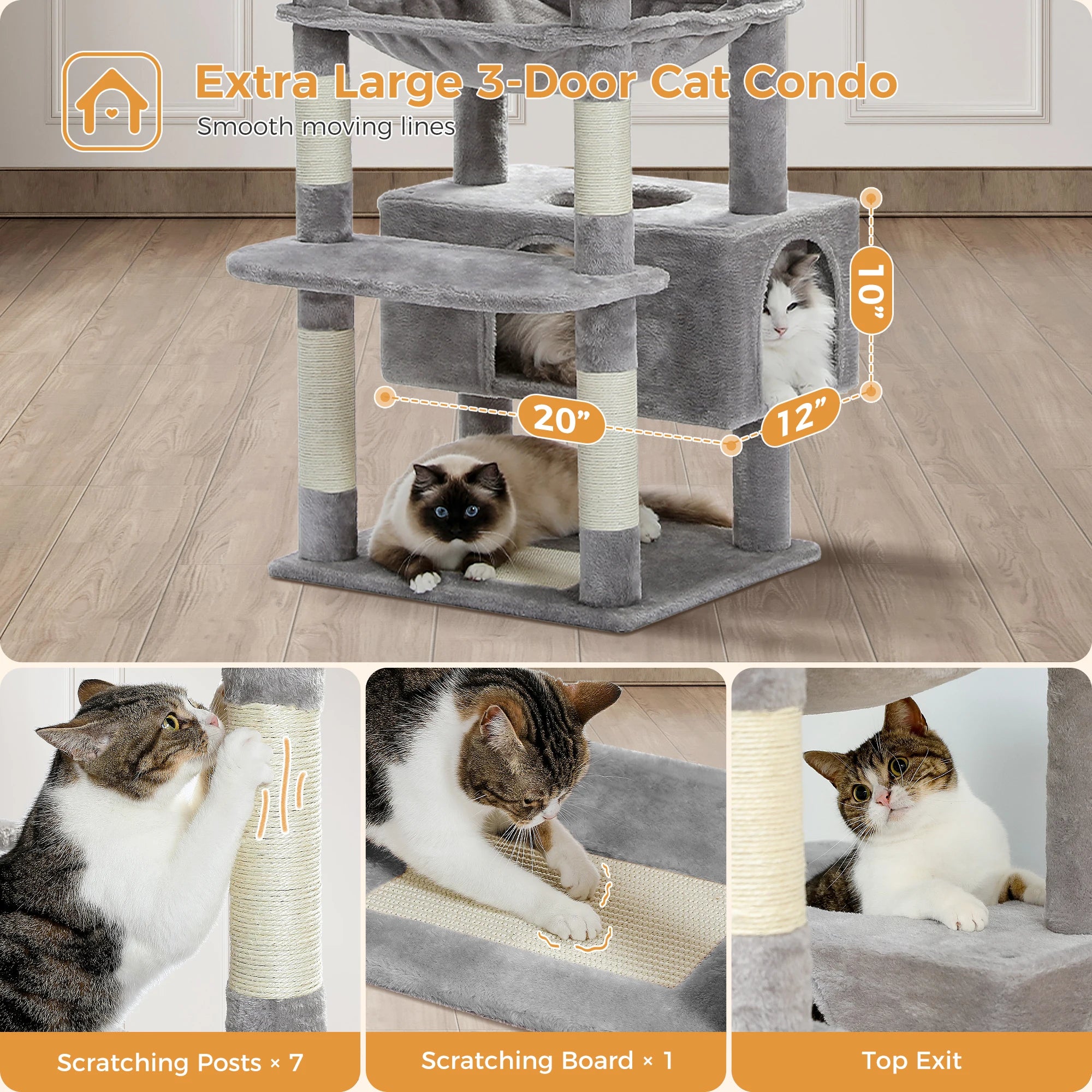 184cm Large Cat Tree Tower with Hammock, Scratching Posts & Condos