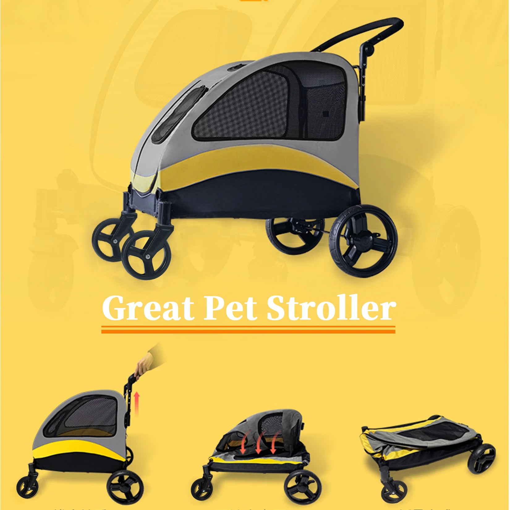Portable 4-Wheel Dog Stroller for Large Dogs, Foldable Pet Travel Carrier for Cats & Outdoor Use