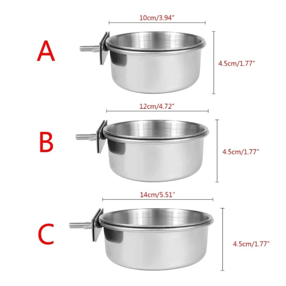 Stainless Steel Clamp-On Pet Food & Water Bowl, Hanging Cage Cup for Birds, Rabbits & Hamsters