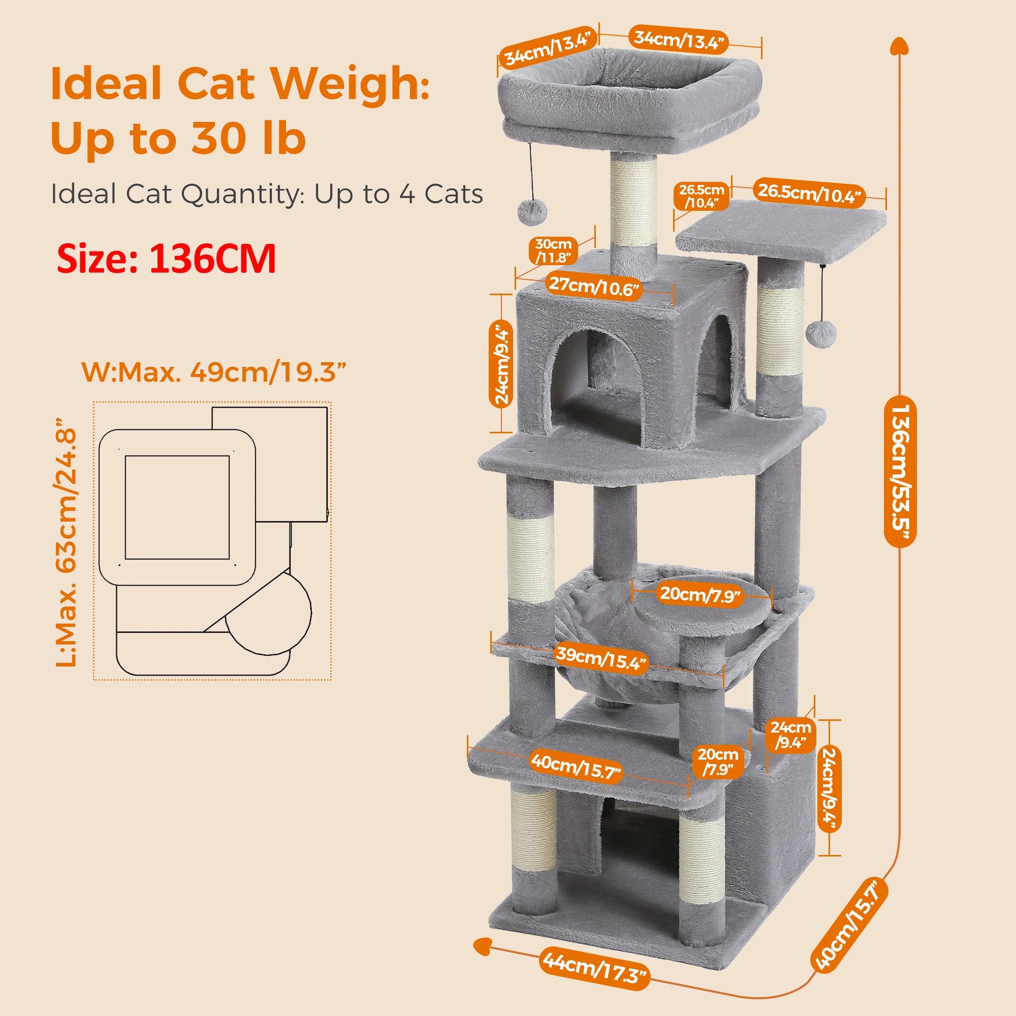 184cm Large Cat Tree Tower with Hammock, Scratching Posts & Condos