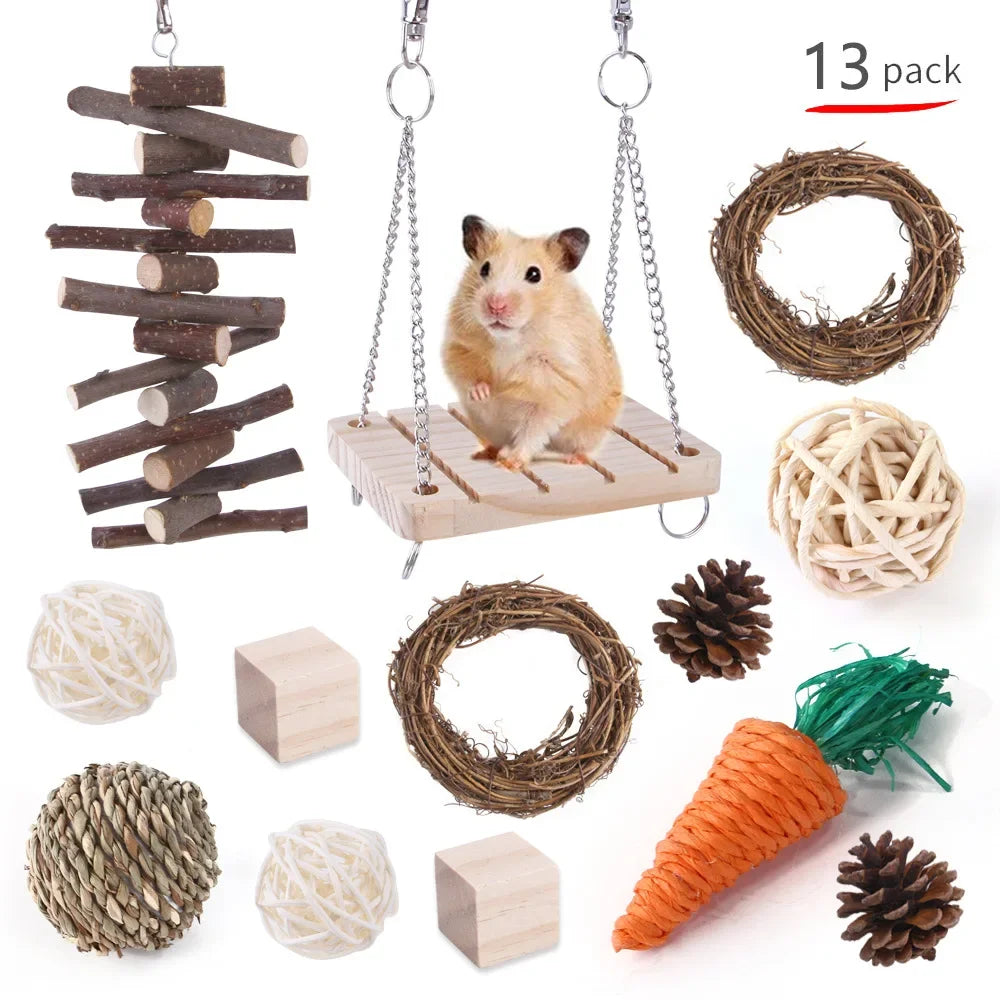 Wooden Toy Set for Hamsters, Rabbits, Guinea Pigs, and Small Pets