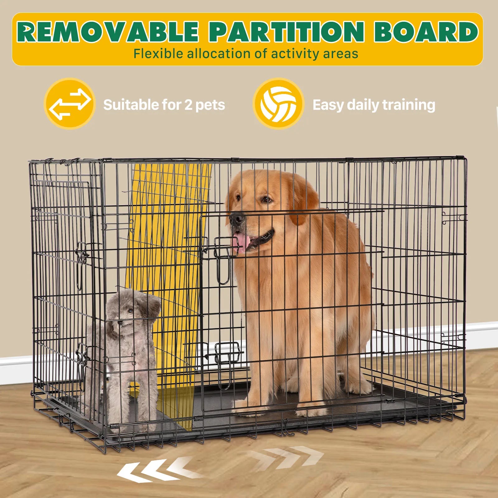 Double Door Folding Metal Wire Dog Cage with Leak-Proof Plastic Pan