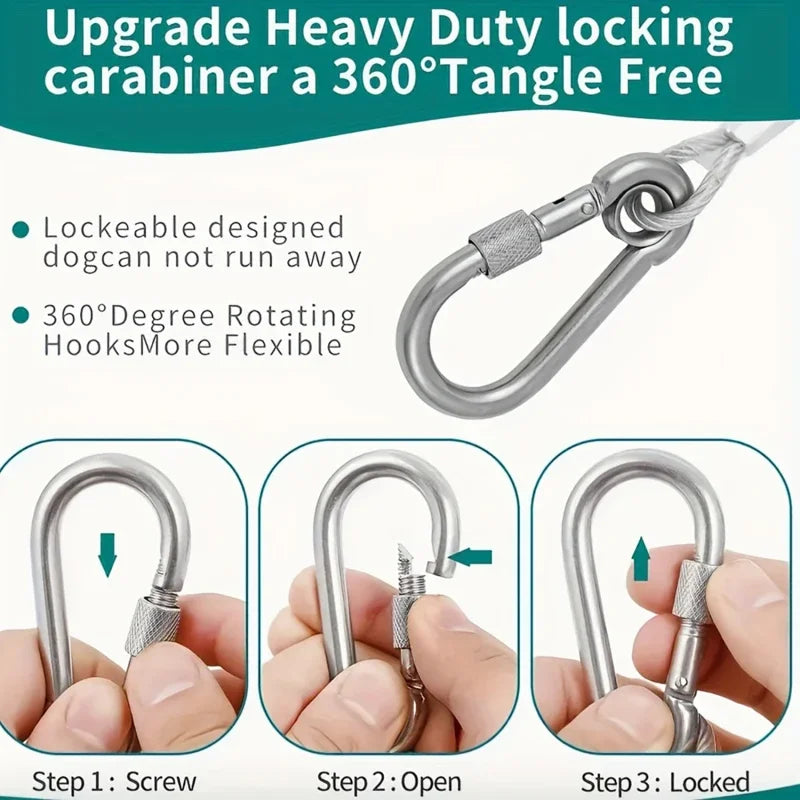 Double-Headed Dog Tie-Out Cable Leash – Heavy-Duty Outdoor Steel Wire with Metal Buckles