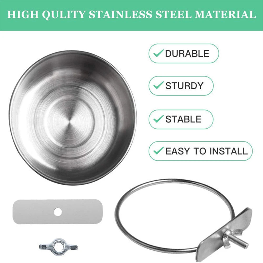 Stainless Steel Clamp-On Pet Food & Water Bowl for Rabbits, Hamsters, Birds, and Parrots