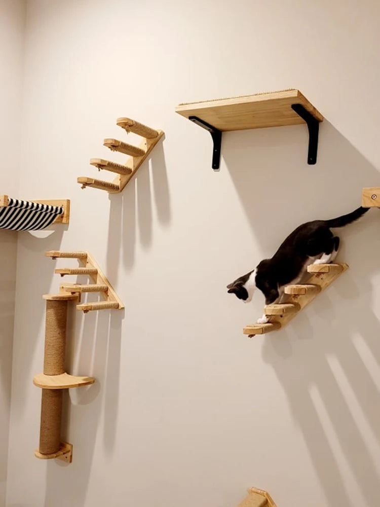 Wall-Mounted Cat Climbing Shelves with Scratching Post & Steps