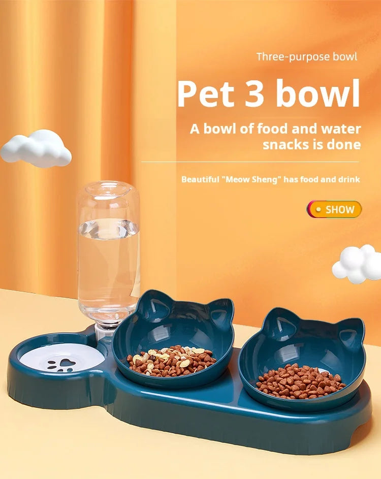 3-in-1 Tilted Pet Bowl Set with Gravity Water Feeder