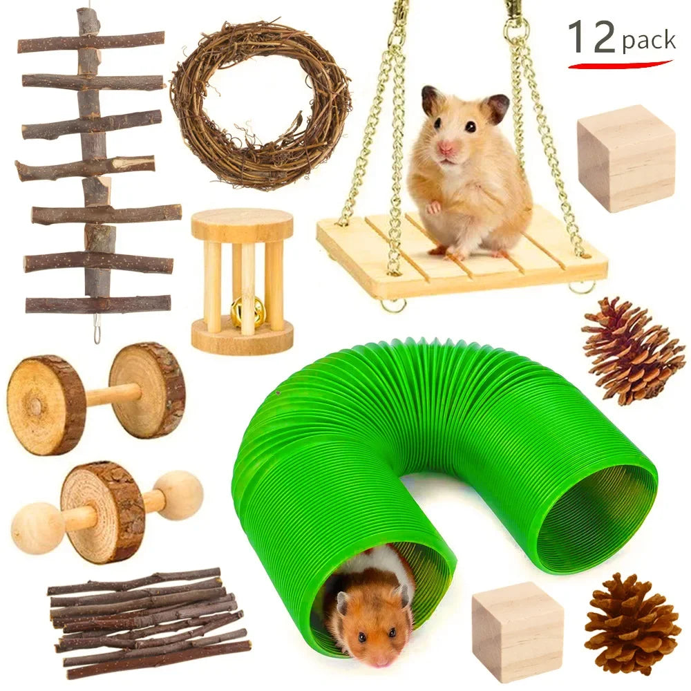 Wooden Toy Set for Hamsters, Rabbits, Guinea Pigs, and Small Pets