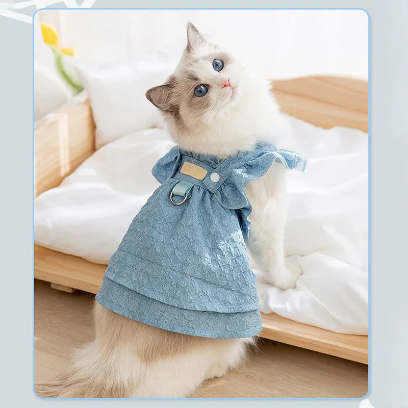 Denim Dog Dress with Leash Ring, Summer Outfit for Small Dogs & Cats