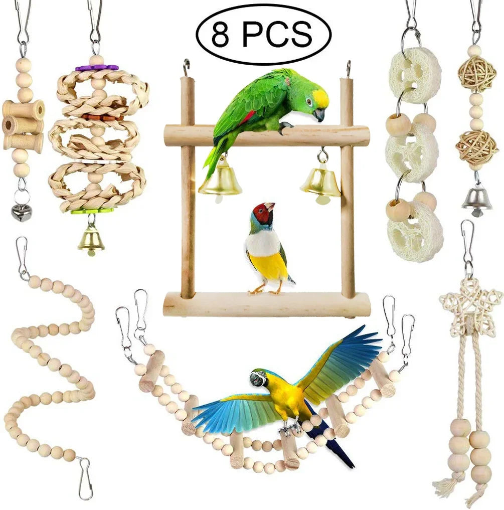 Combination Bird Toy Set — Swing, Chewing, Ladder & Bell Toys for Small Parrots