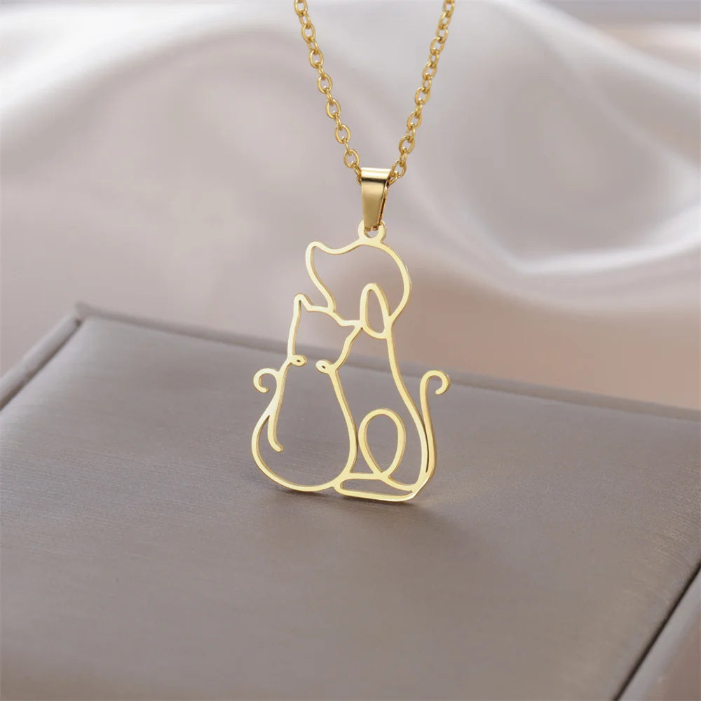 Hugging Puppy & Kitten Pendant Necklace for Pet Lovers