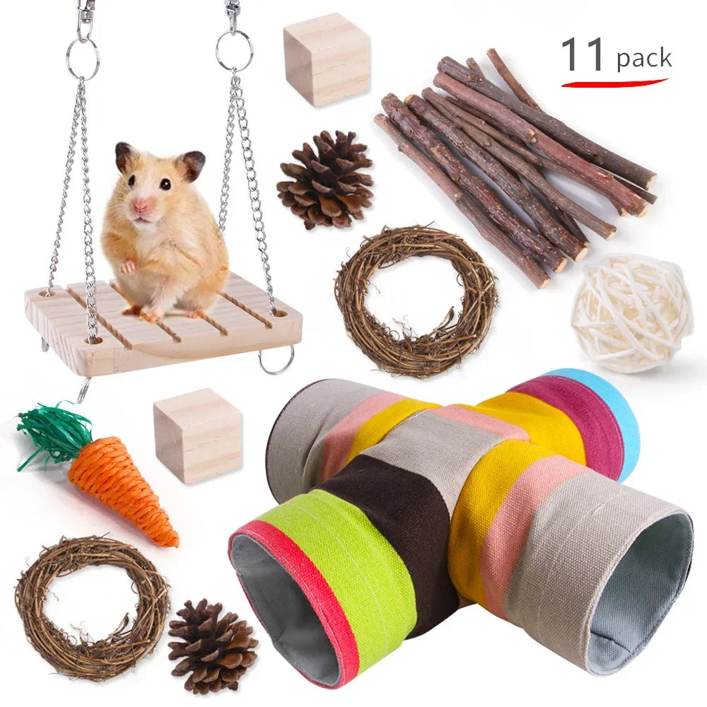 Wooden Toy Set for Hamsters, Rabbits, Guinea Pigs, and Small Pets