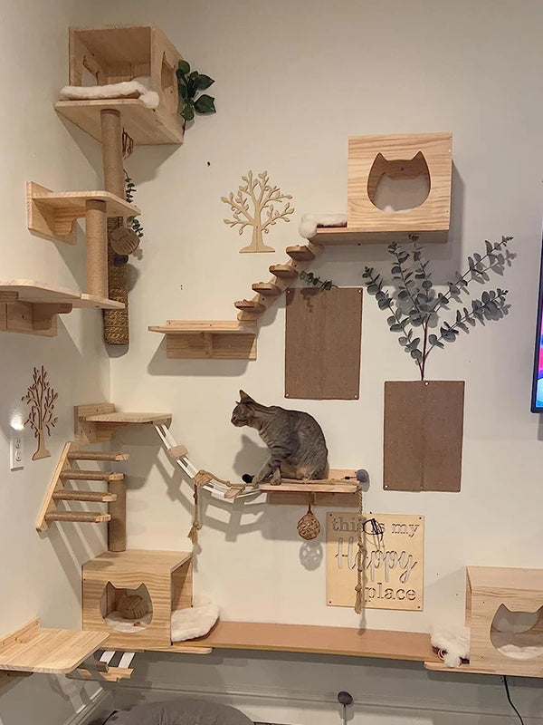 Wall-Mounted Cat Climbing Shelves with Scratching Post & Steps