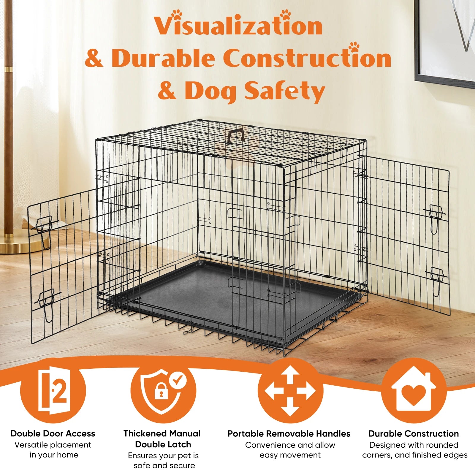 Double Door Folding Metal Wire Dog Cage with Leak-Proof Plastic Pan