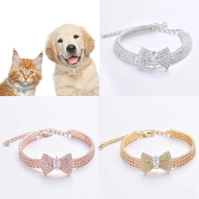 Zircon Bow Tie Pet Collar, Adjustable Rose Gold Dog & Cat Necklace with Gift Box