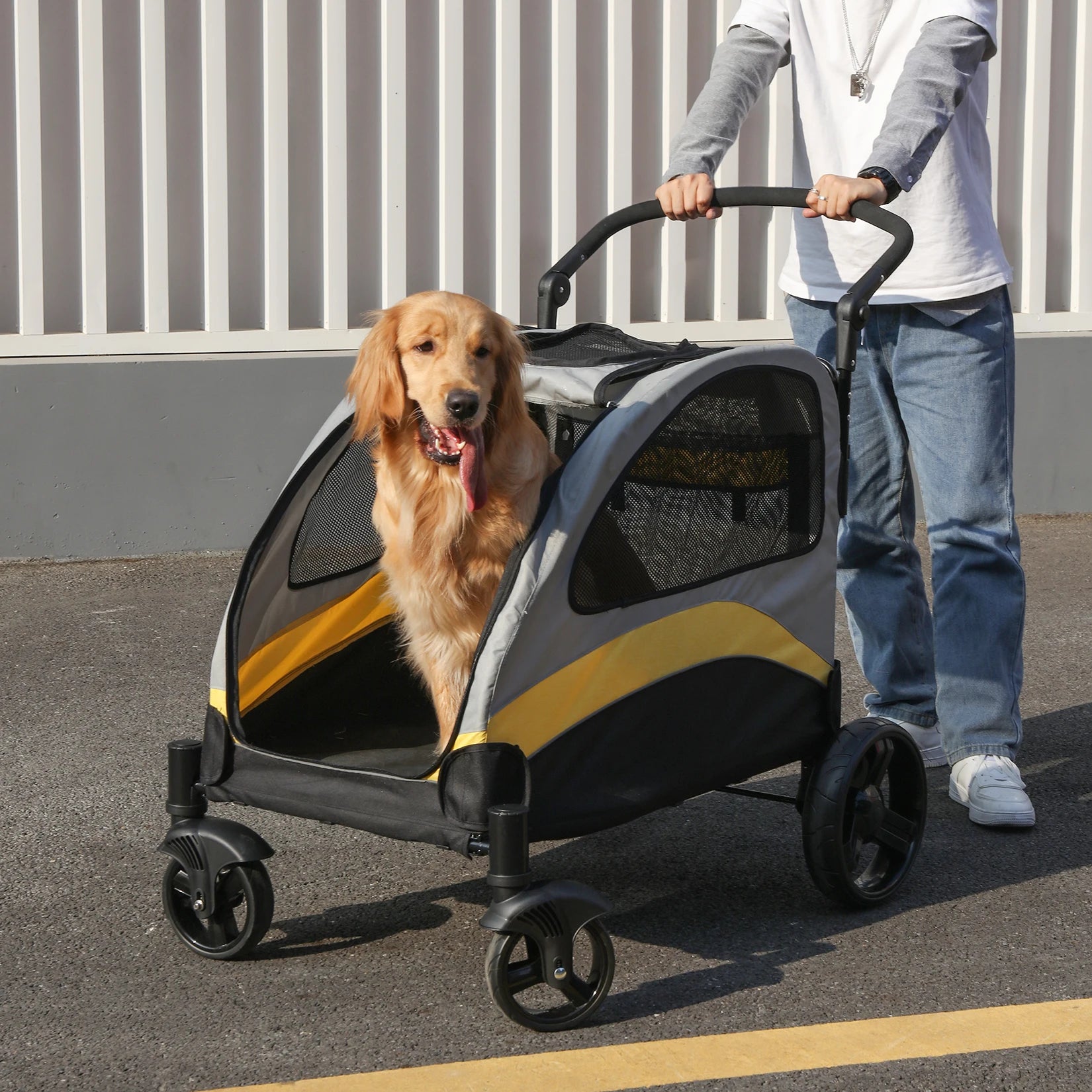 Portable 4-Wheel Dog Stroller for Large Dogs, Foldable Pet Travel Carrier for Cats & Outdoor Use