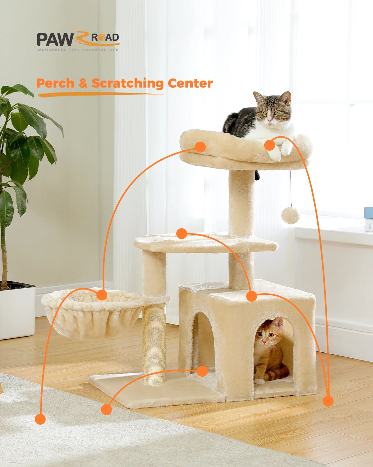 Cat Tree Tower with Scratching Posts, Hammock & Removable Top Perch