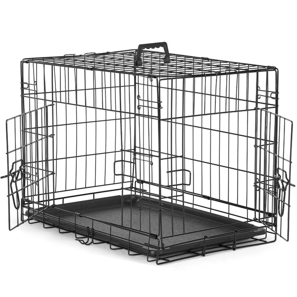 Double Door Folding Metal Wire Dog Cage with Leak-Proof Plastic Pan