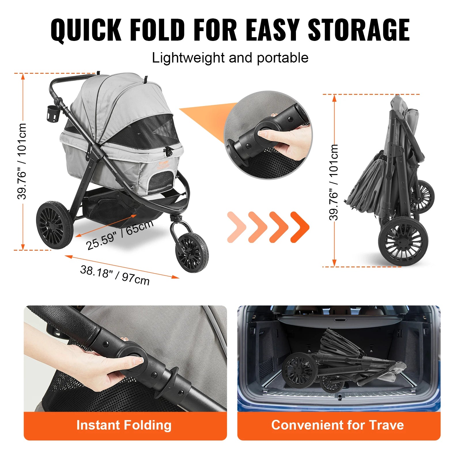 VEVOR Lightweight Pet Stroller, Foldable Carrier for Dogs & Cats with Brakes and Cup Holder