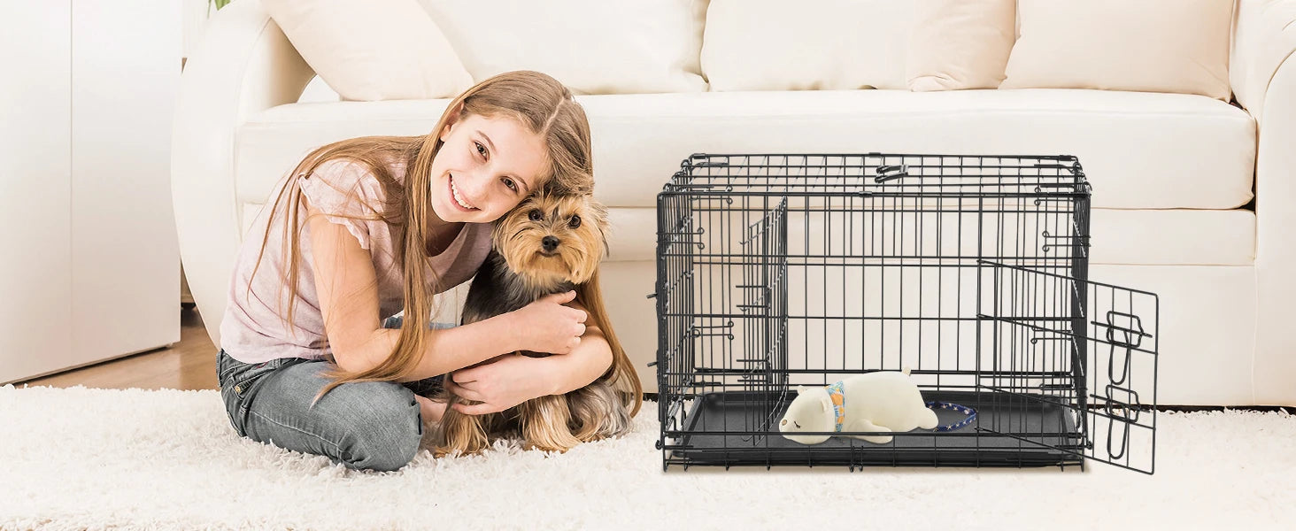 Double Door Folding Metal Wire Dog Cage with Leak-Proof Plastic Pan