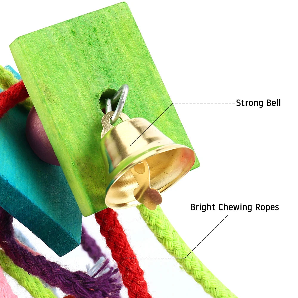 Multicolored Parrot Chew Toy with Wooden Blocks & Cotton Rope Swing