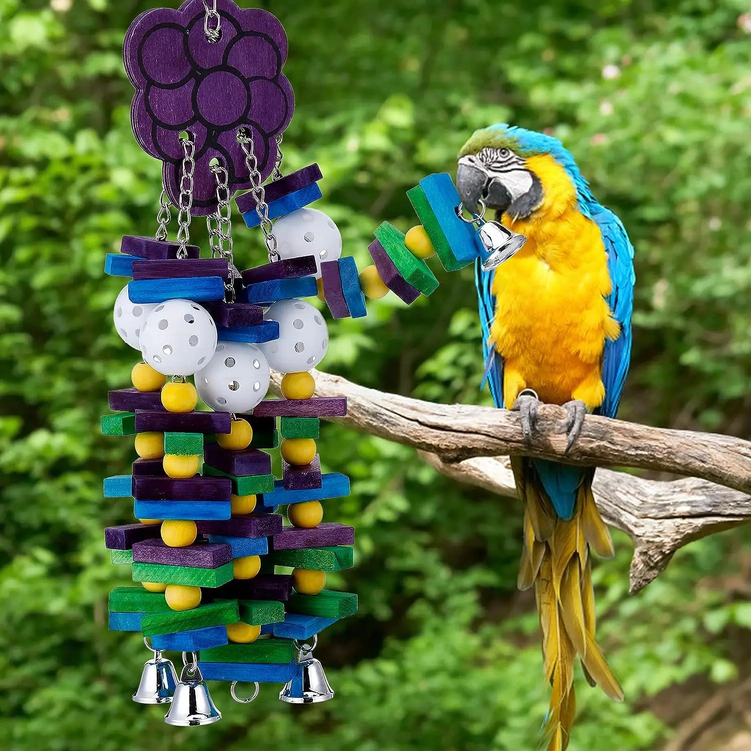 Colorful Parrot Chewing Toy with Wooden Blocks, Beads