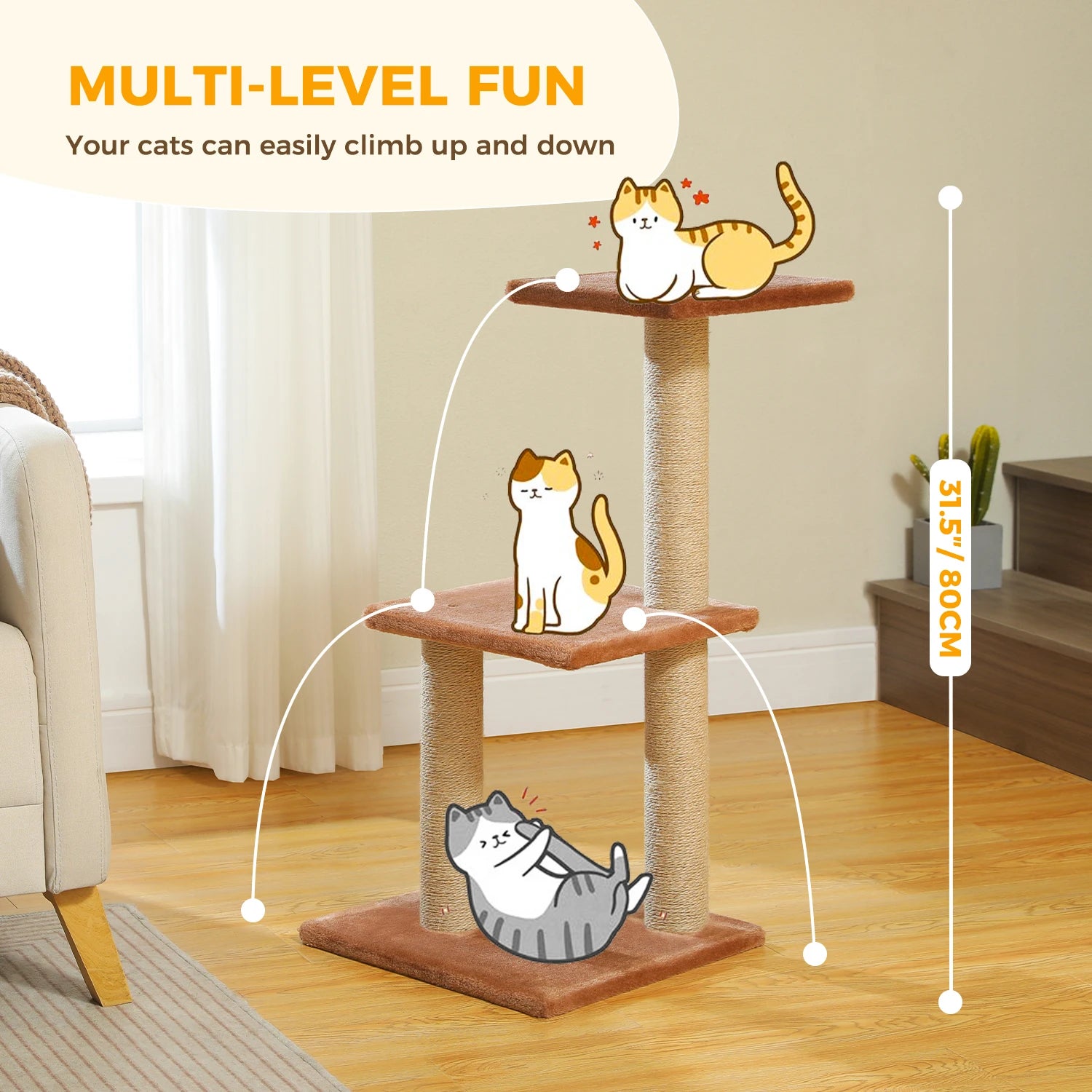 Cat Tree Tower with Scratching Posts, Hammock & Removable Top Perch