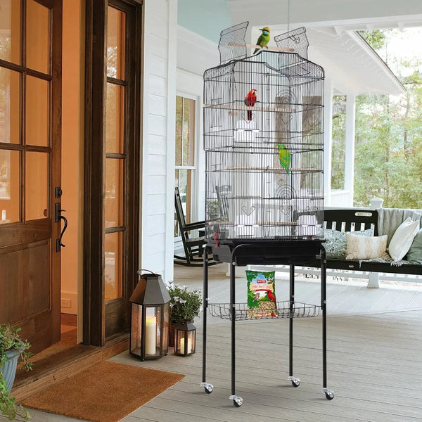 Open Top Bird Cage with Detachable Rolling Stand for Parrots