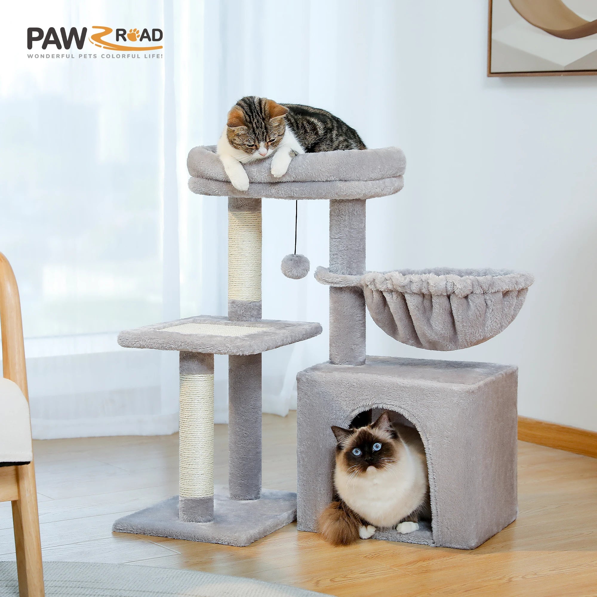 Cat Tree Tower with Scratching Posts, Hammock & Removable Top Perch