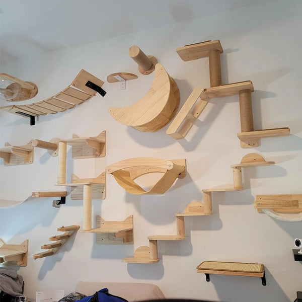 Wall-Mounted Cat Shelves Set with Hammock, Bridge, House & Scratching Post