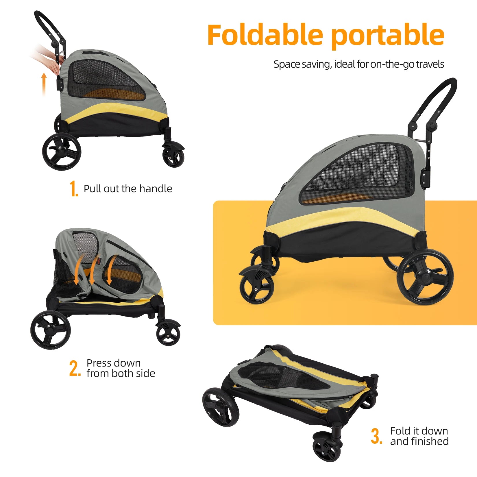 Portable 4-Wheel Dog Stroller for Large Dogs, Foldable Pet Travel Carrier for Cats & Outdoor Use