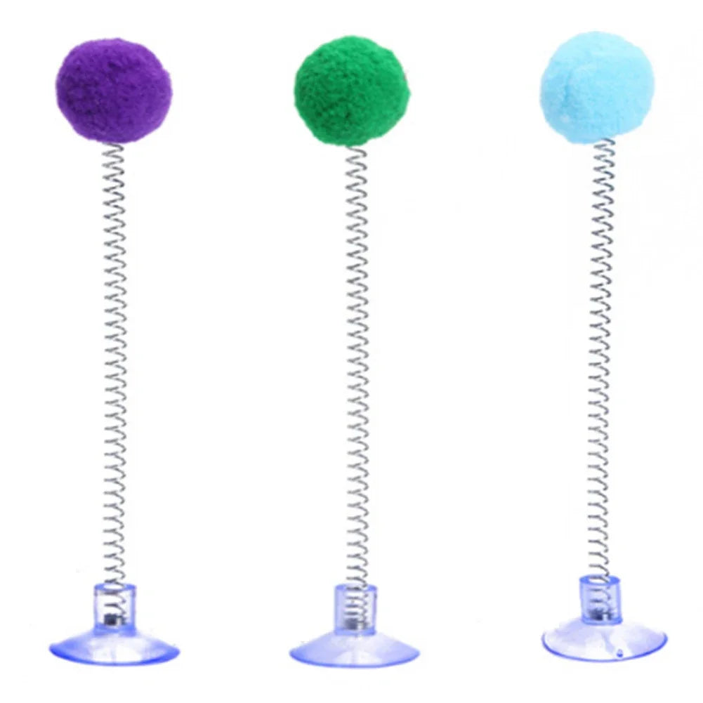 Fur Ball Spring Cat Toy with Suction Cup, Interactive Teaser Wand in Random Colors