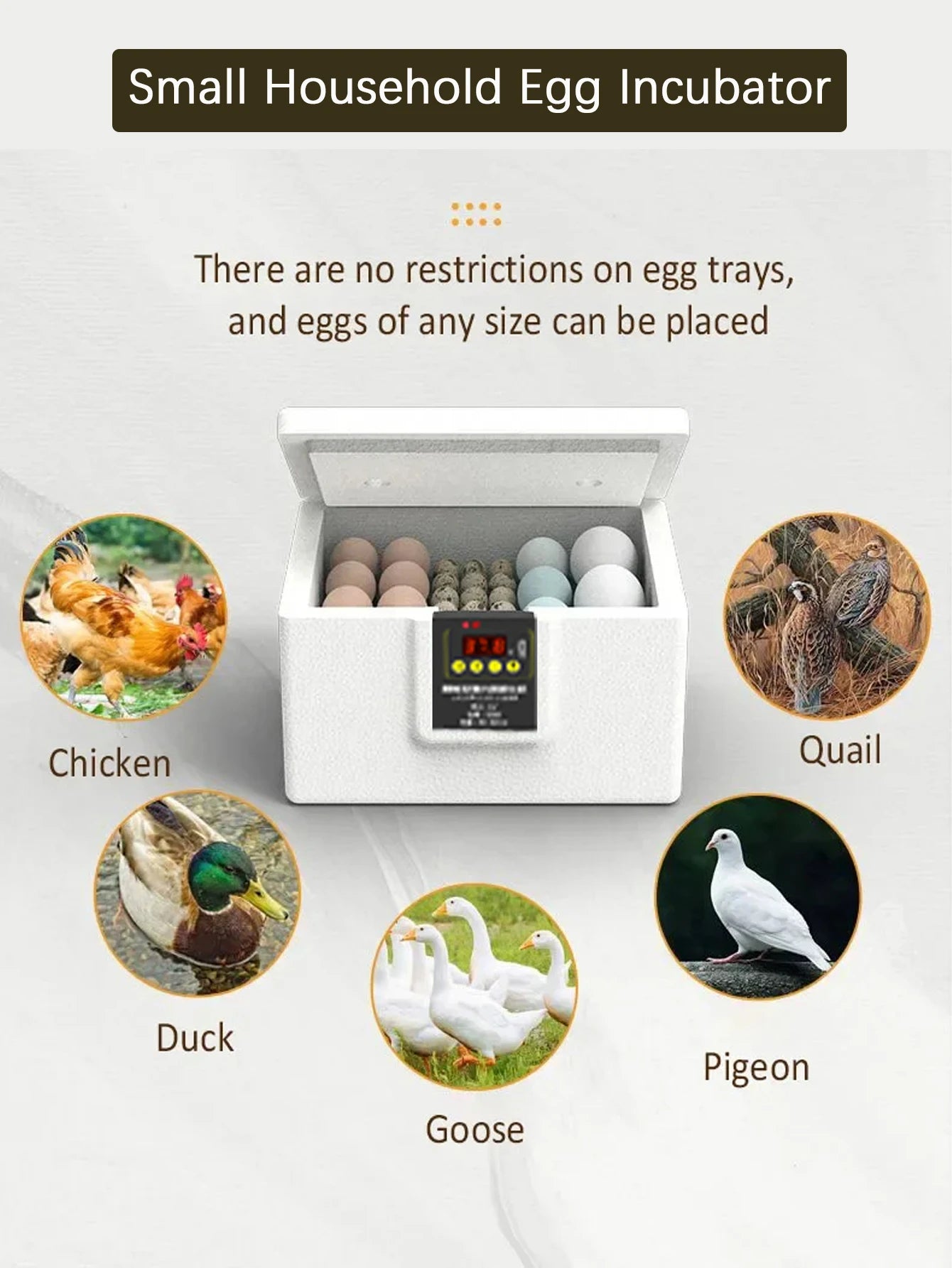 USB Poultry Incubator with Thermostat, Manual Turn, Bionic Waterbed & Egg Candler