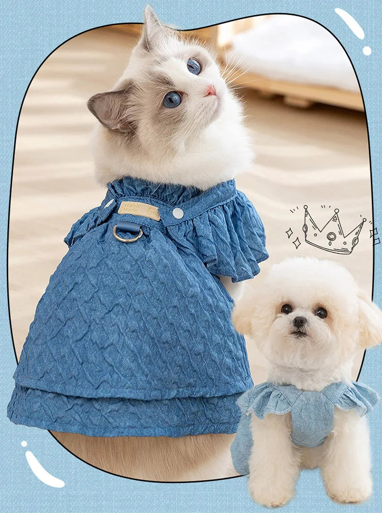 Denim Dog Dress with Leash Ring, Summer Outfit for Small Dogs & Cats