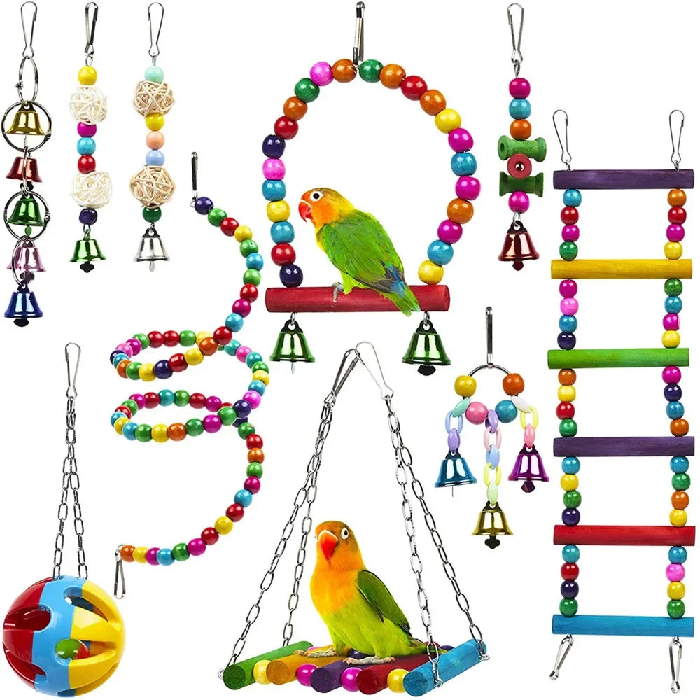 Combination Bird Toy Set — Swing, Chewing, Ladder & Bell Toys for Small Parrots