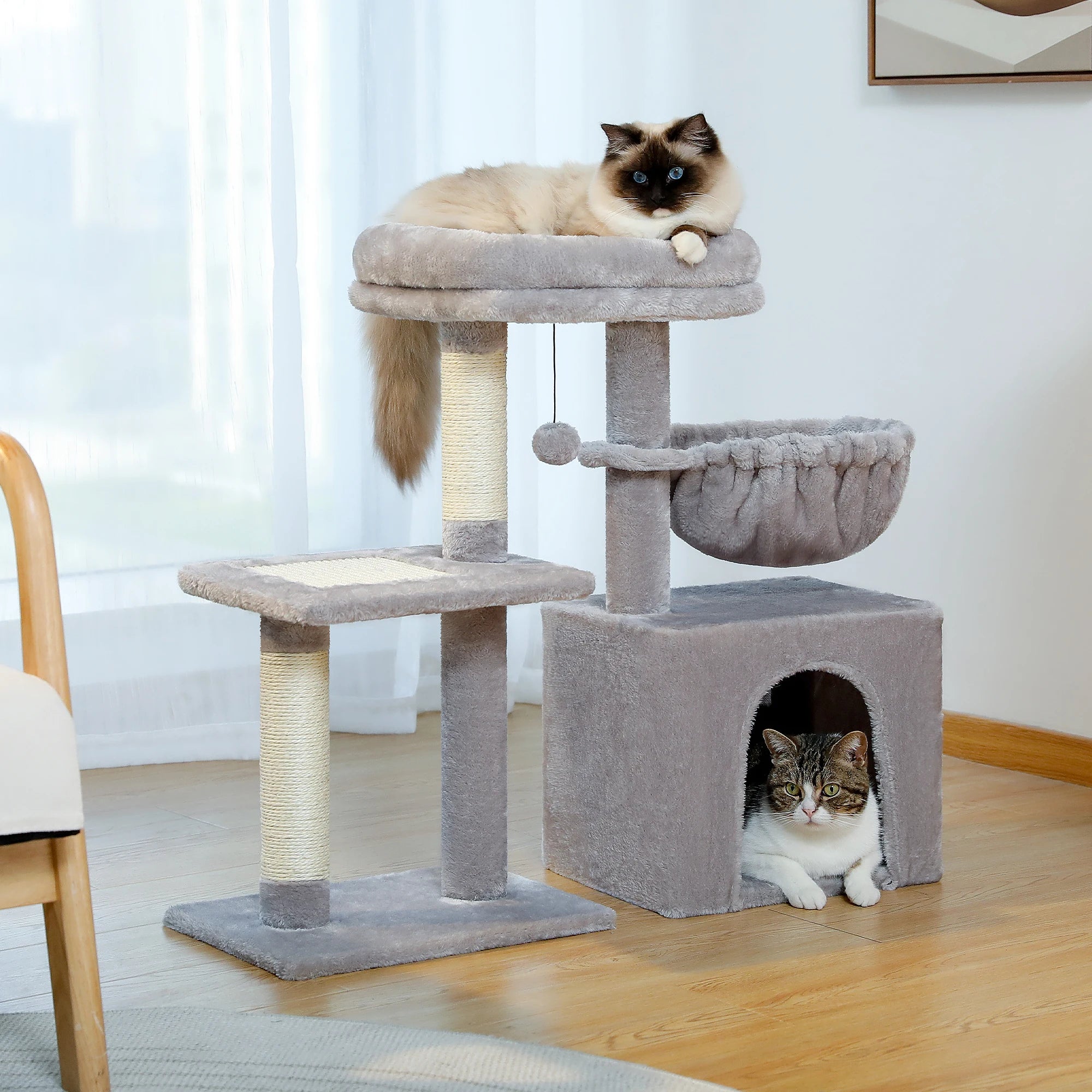 Cat Tree Tower with Scratching Posts, Hammock & Removable Top Perch