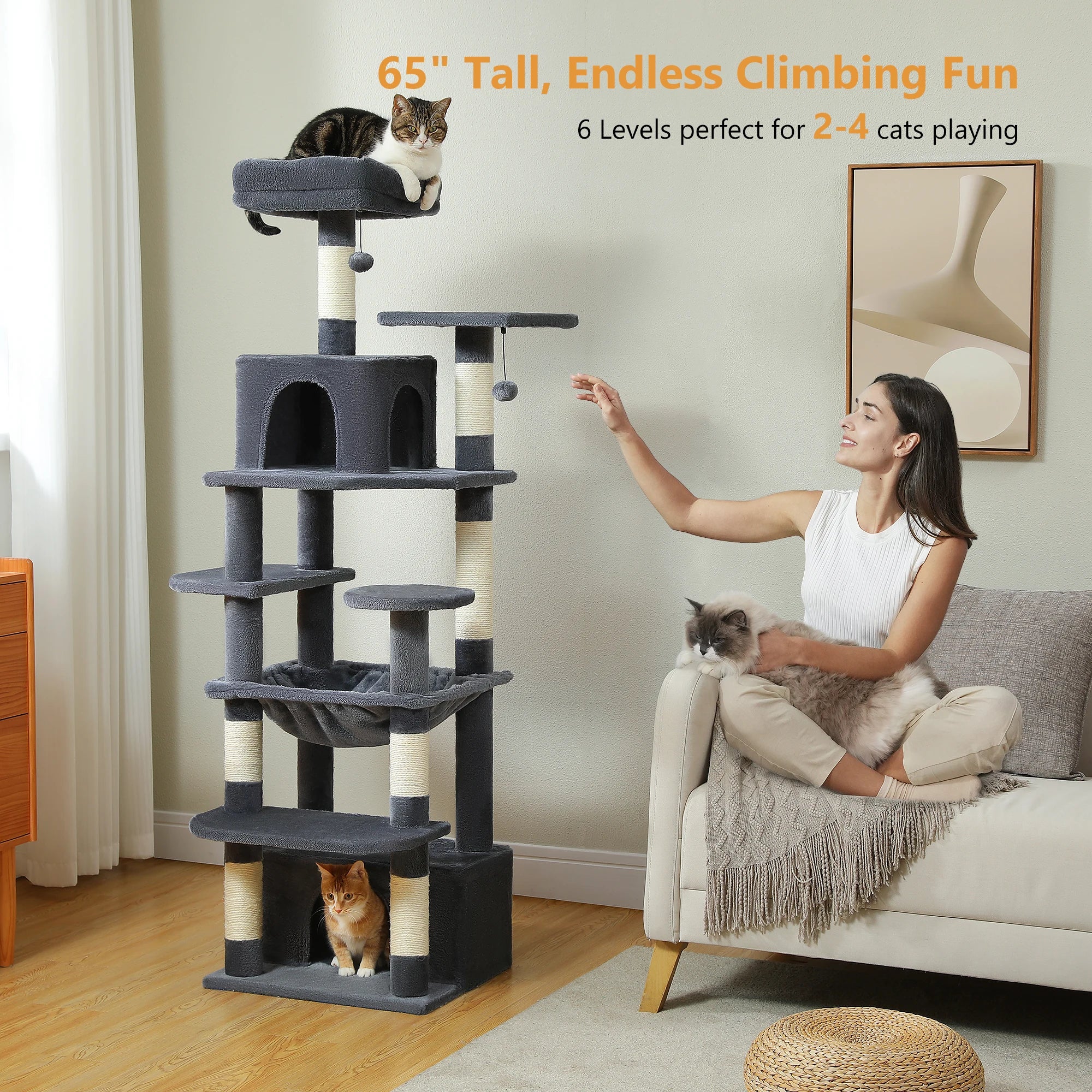 184cm Large Cat Tree Tower with Hammock, Scratching Posts & Condos