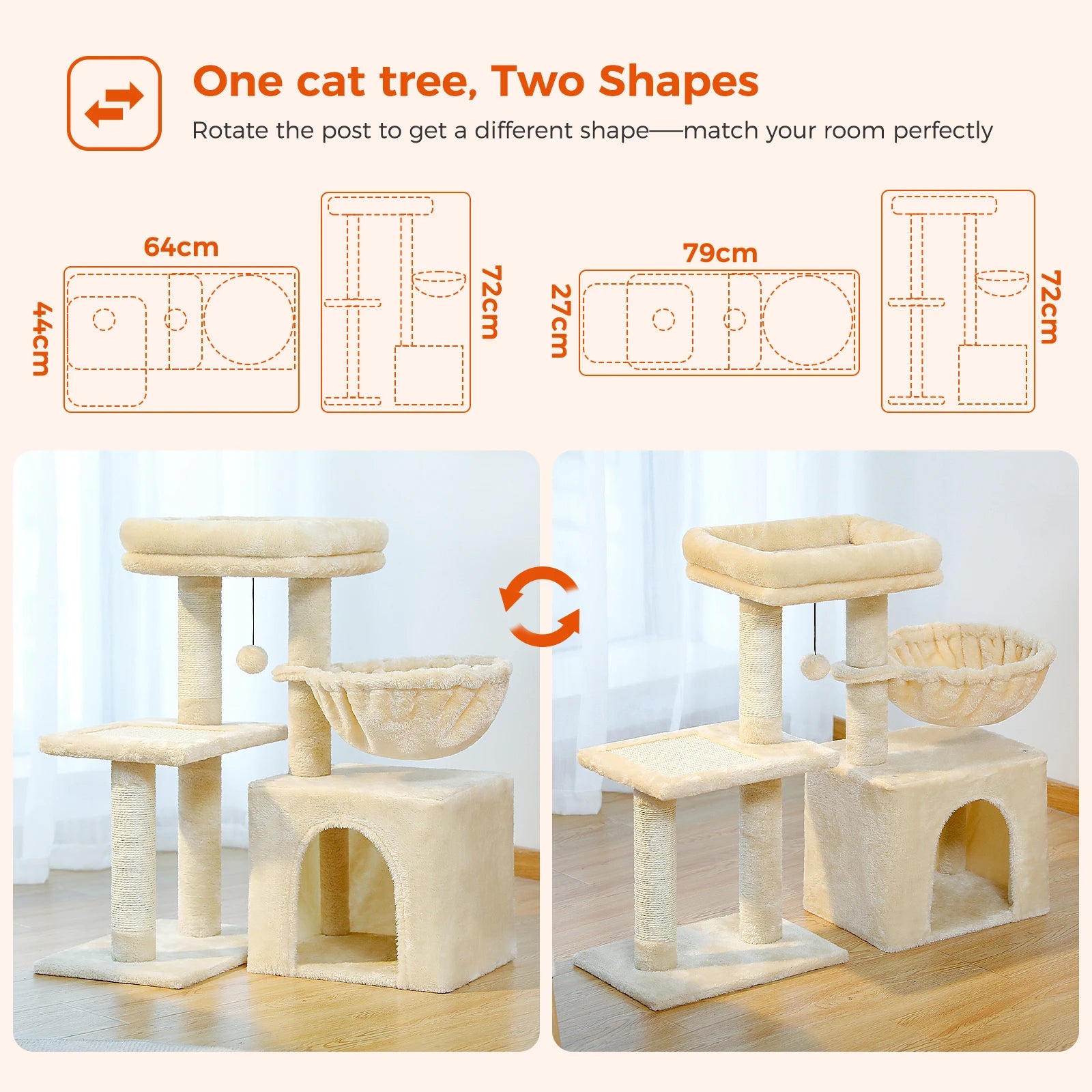 Cat Tree Tower with Scratching Posts, Hammock & Removable Top Perch