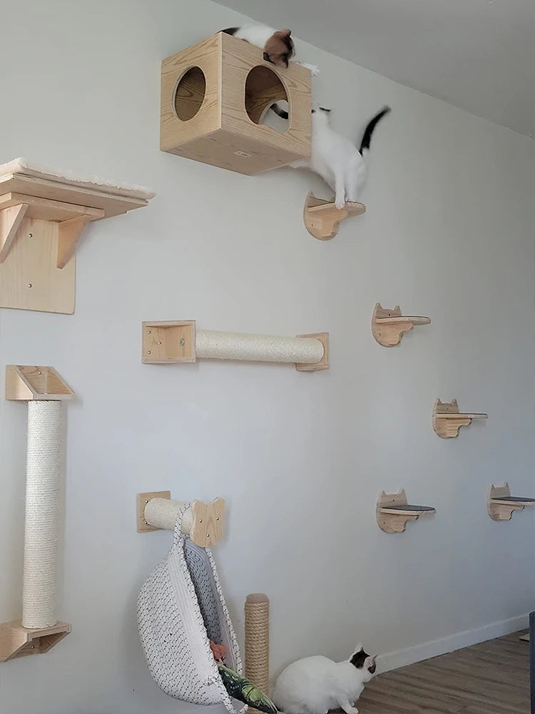 Wall-Mounted Cat Climbing Shelves with Scratching Post & Steps