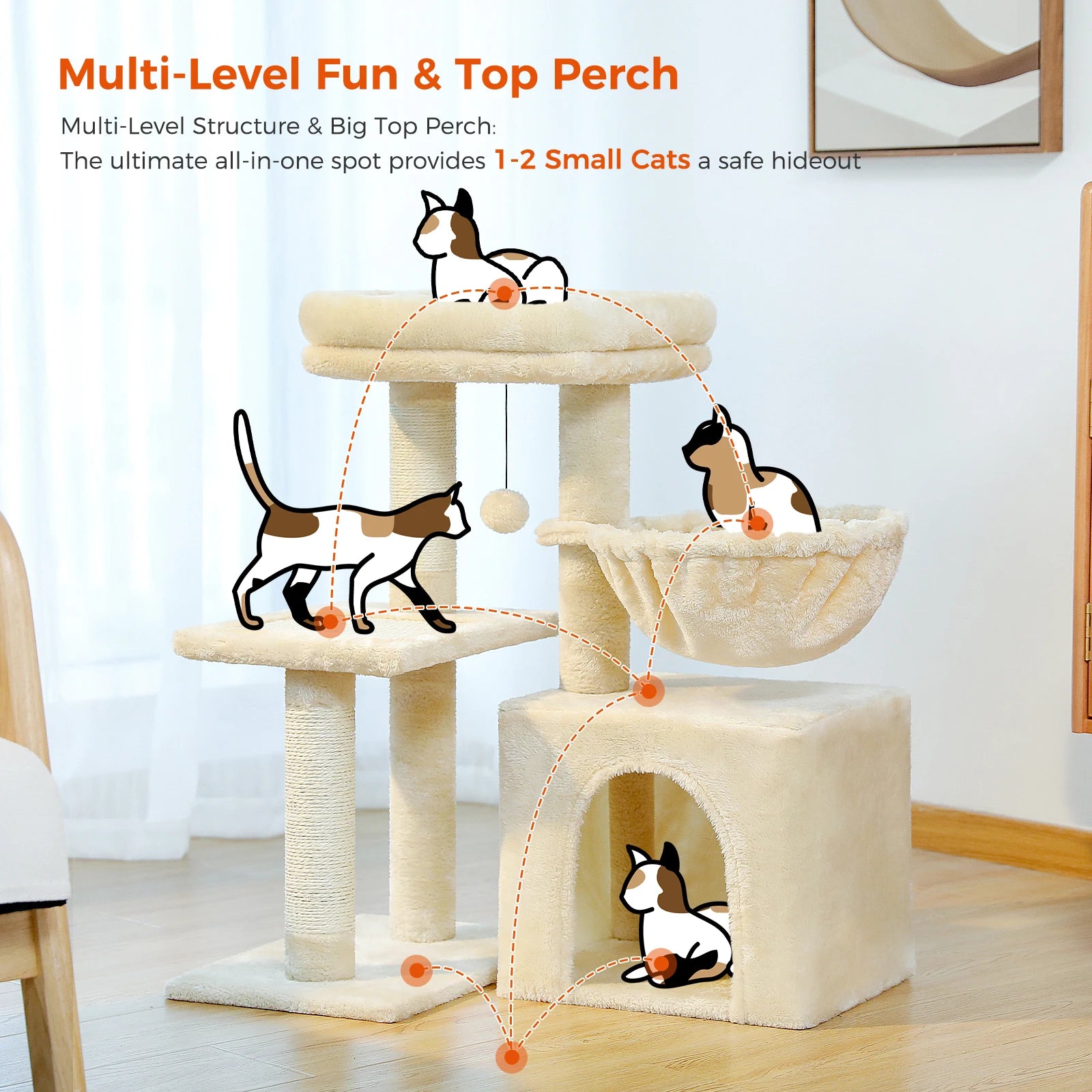 Cat Tree Tower with Scratching Posts, Hammock & Removable Top Perch