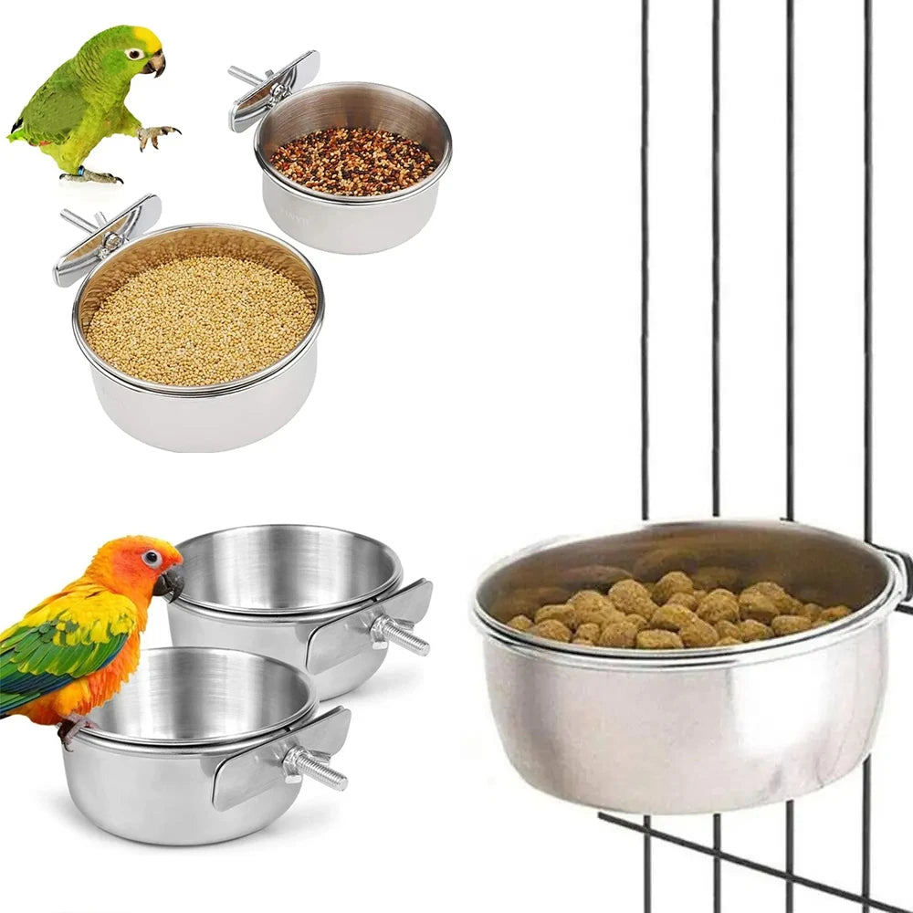 Stainless Steel Clamp-On Pet Food & Water Bowl, Hanging Cage Cup for Birds, Rabbits & Hamsters