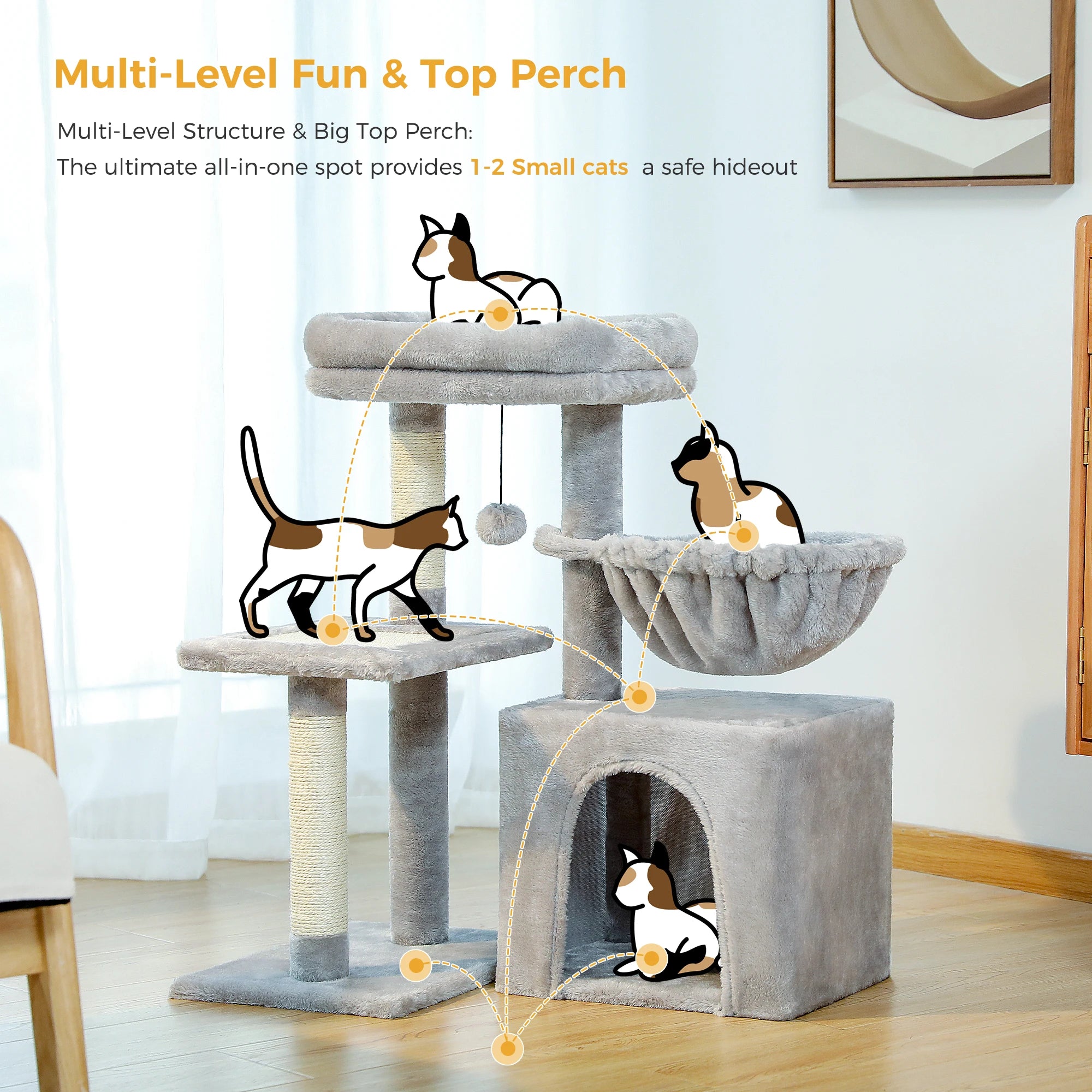 Cat Tree Tower with Scratching Posts, Hammock & Removable Top Perch