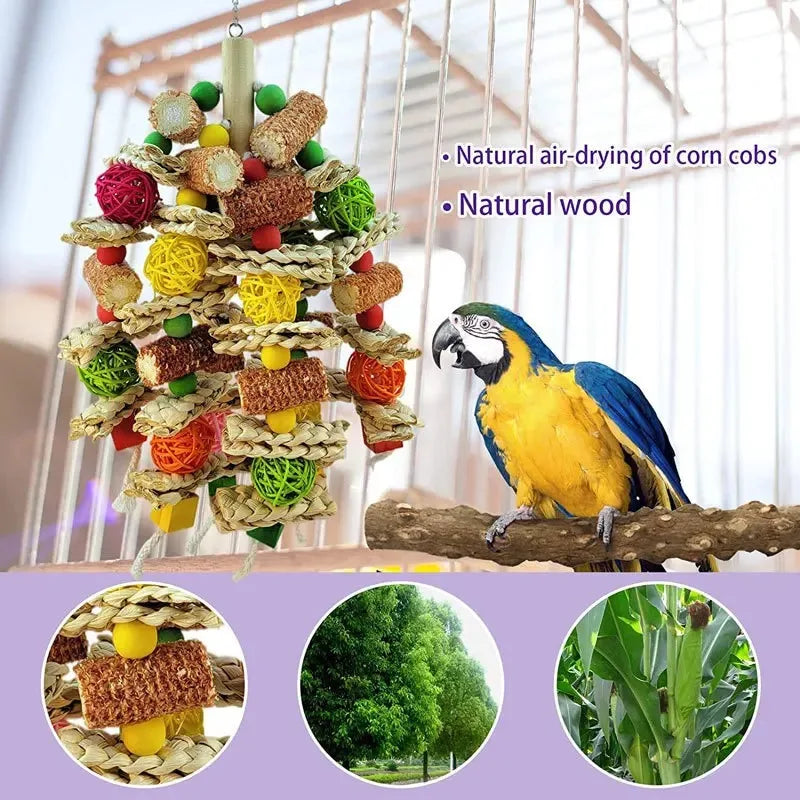 Wooden Bird Swing Toy with Beads & Perch for Parrots and Budgies