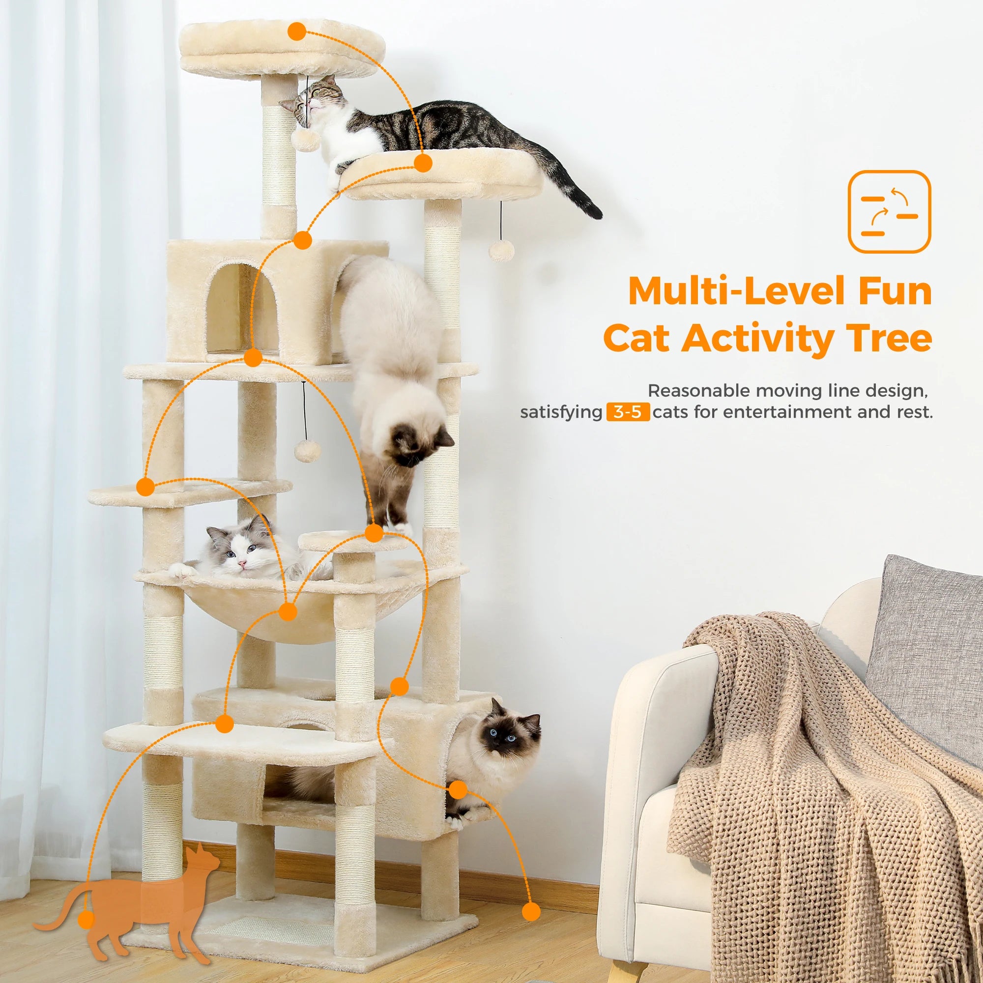 184cm Large Cat Tree Tower with Hammock, Scratching Posts & Condos