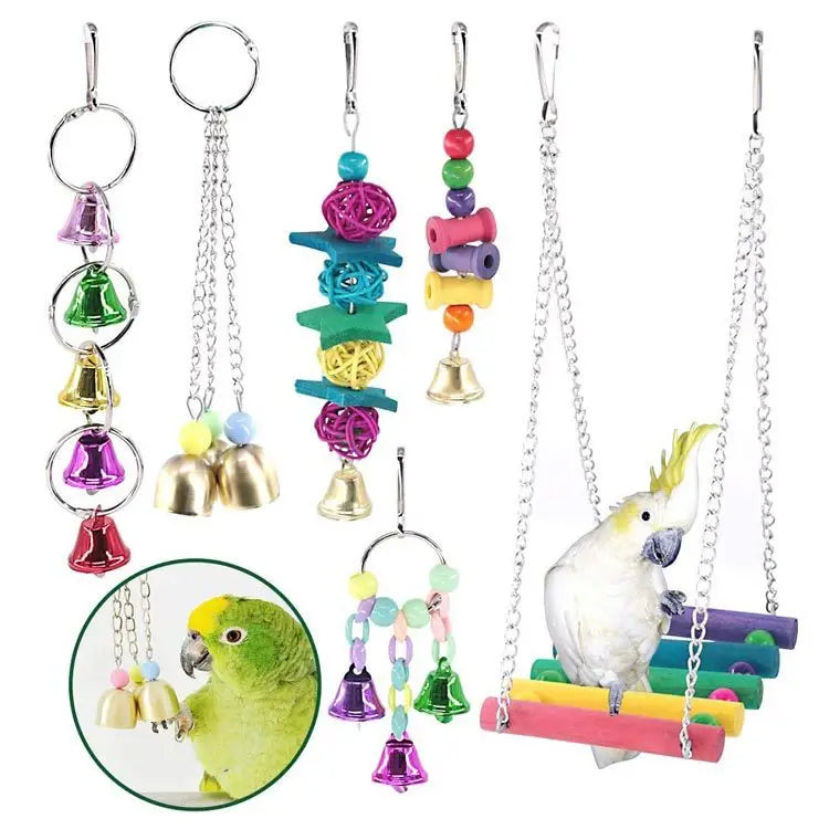 Combination Bird Toy Set — Swing, Chewing, Ladder & Bell Toys for Small Parrots